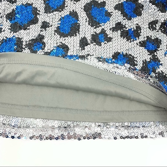 Sans Souci Silver/Blue Sequined Leopard Print Mini Skirt Size Large - Picture 6 of 8
